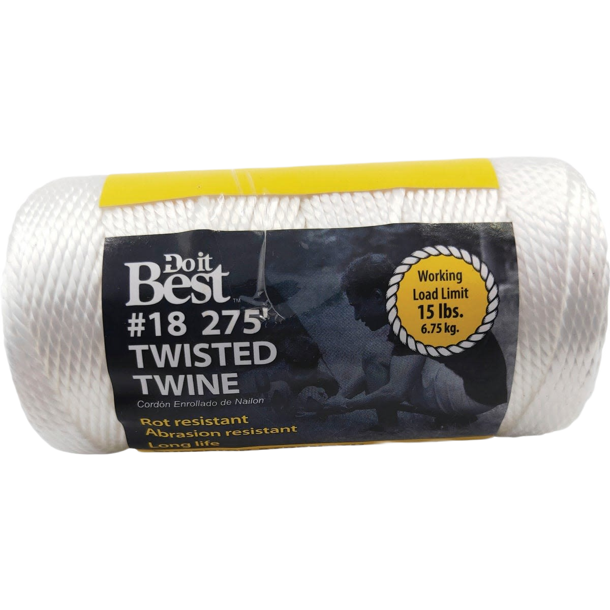White nylon twisted twine spool with 275 feet length, rot and abrasion resistant for home improvement tasks.