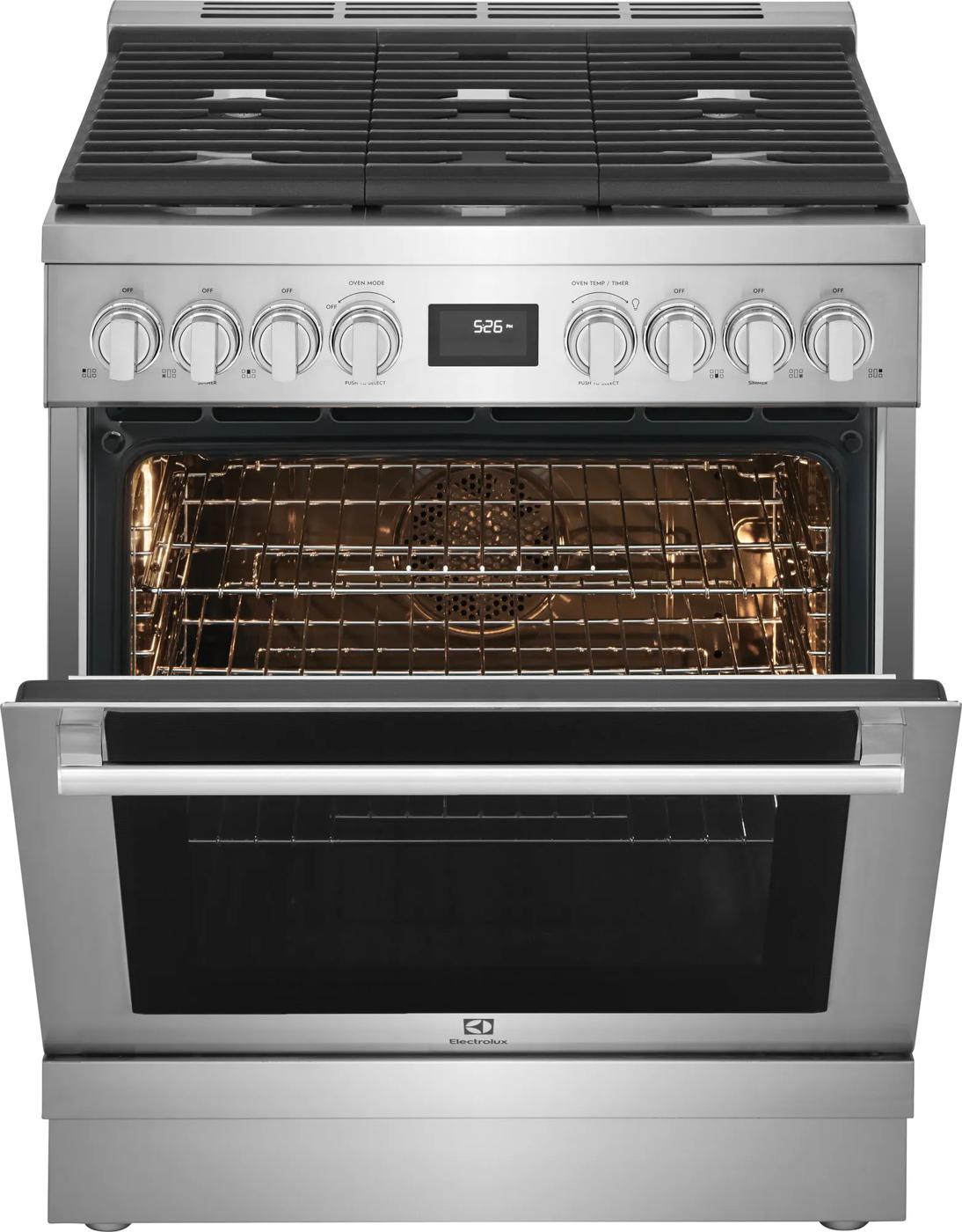 Front view of stainless steel 30-inch dual-fuel range with open electric oven and gas cooktop in kitchenware collection