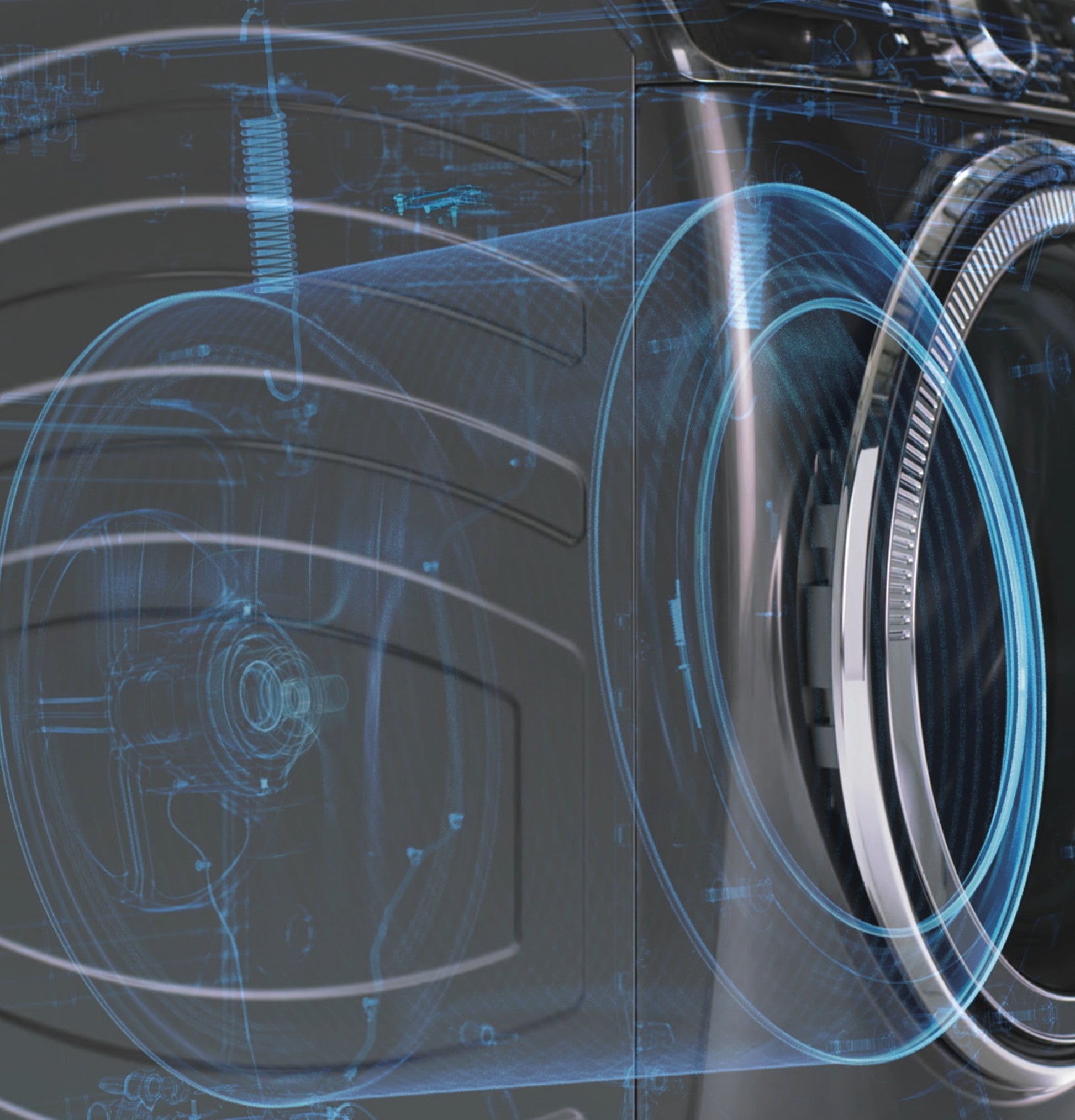 Transparent 3D rendering of a front load washer drum and internal components in modern appliances collection