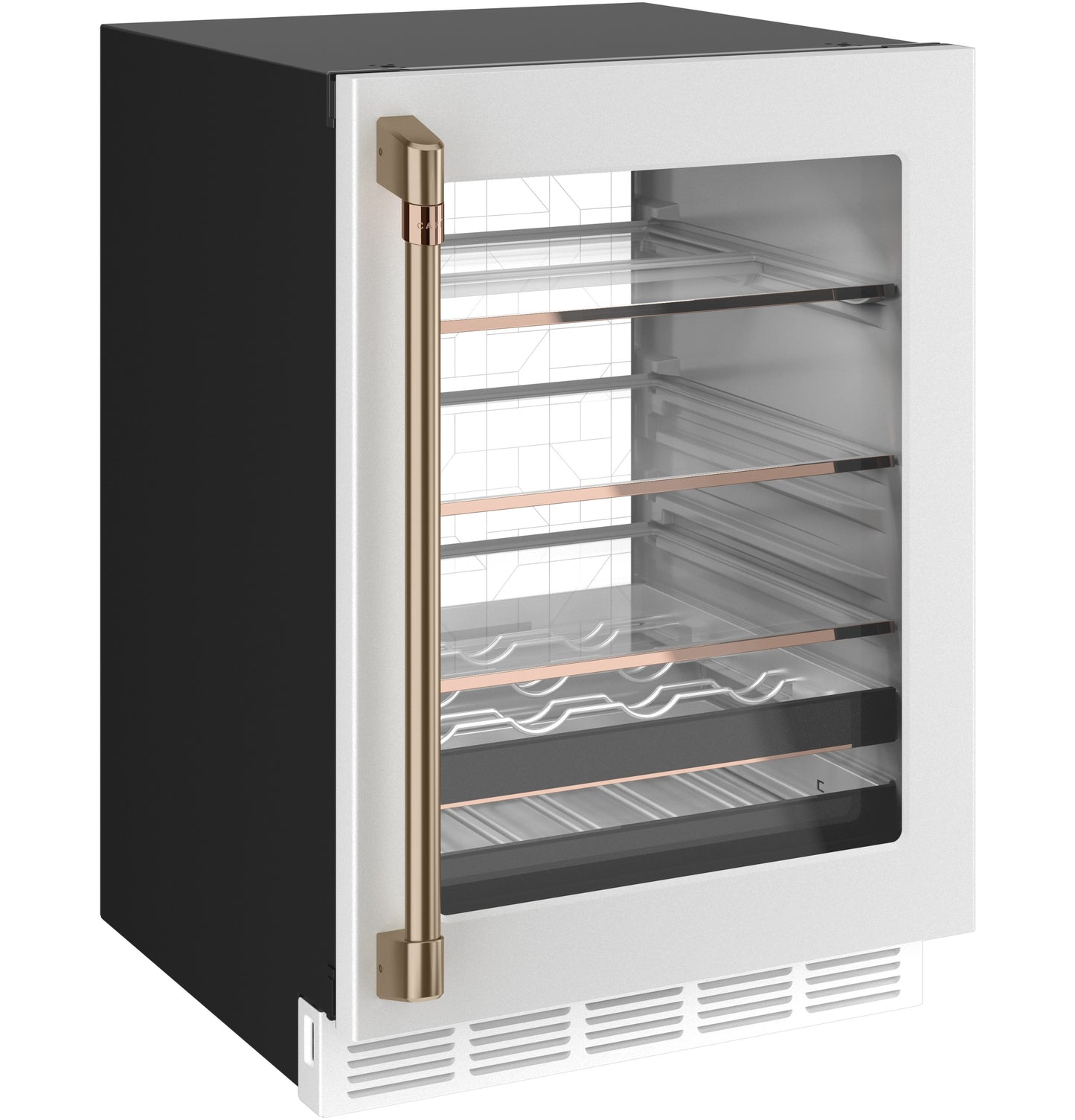 Black and white beverage center with glass door, bronze handle, and multiple storage shelves from kitchen appliances collection