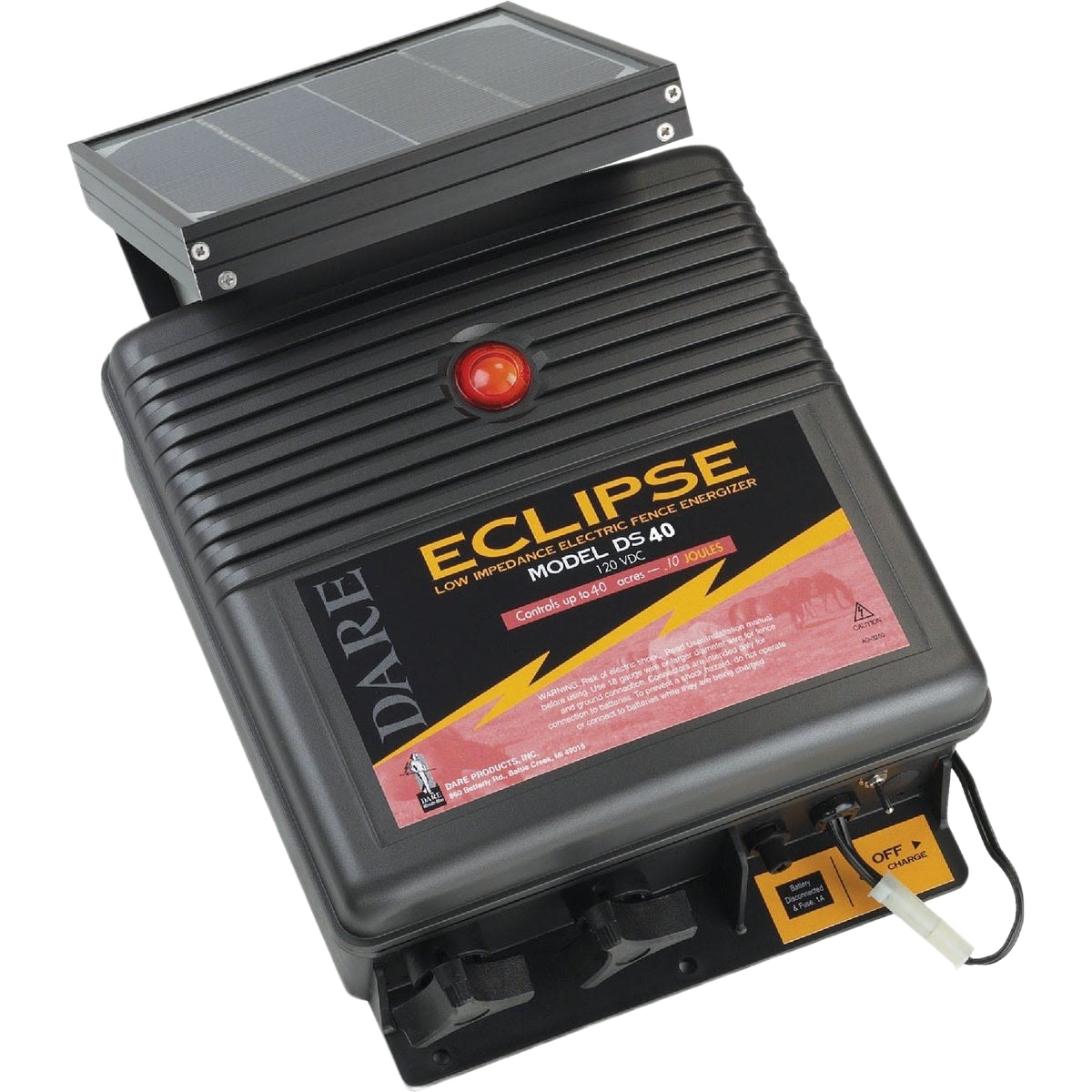 Black solar-powered electric fence charger with low impedance for farm, pet containment, and gate systems use