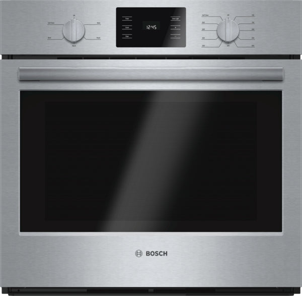 Stainless steel single wall oven with dual metal control knobs and digital display from Bosch kitchen appliances collection