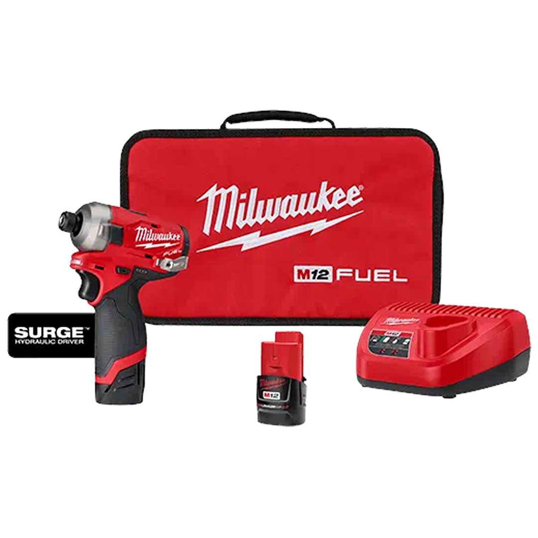 Red and black Milwaukee M12 FUEL hydraulic driver kit with battery, charger, and branded carrying case for home improvement tasks