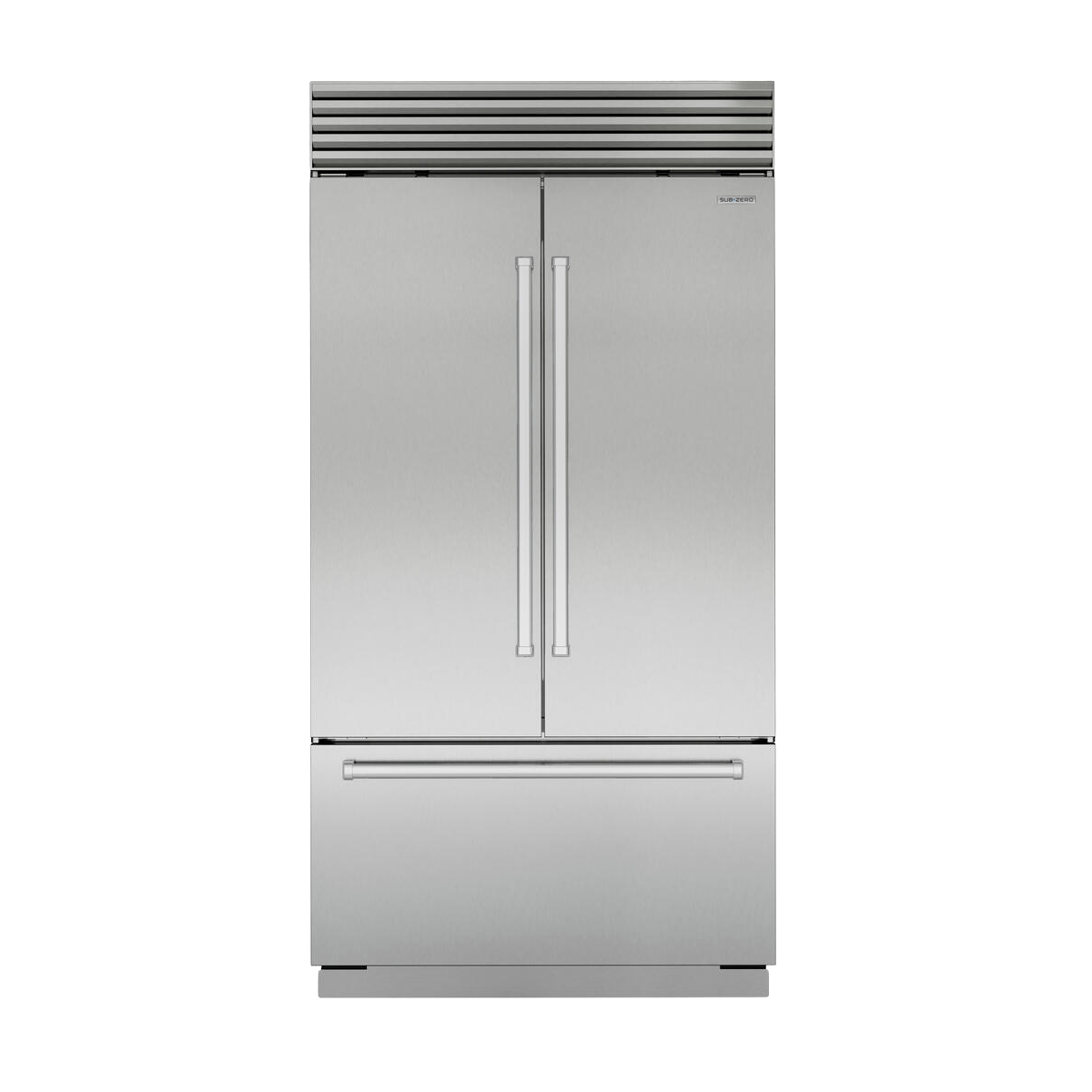 Stainless steel French door refrigerator with bottom freezer drawer and modern vertical handles in kitchen appliance collection