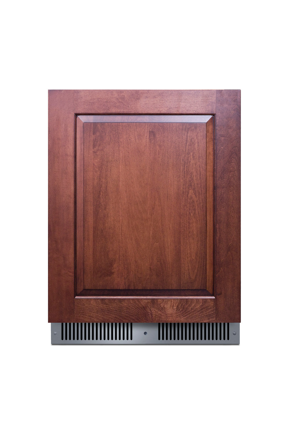 Undercounter built-in refrigerator with wooden panel door and stainless steel vent for kitchen appliances collection