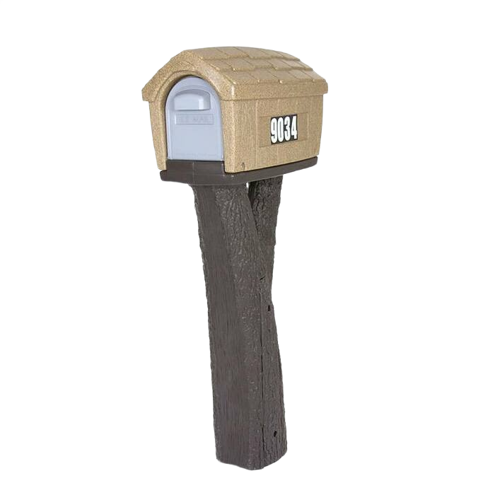 Rustic mailbox with textured tan roof and natural wood-look post for home improvement and outdoor use