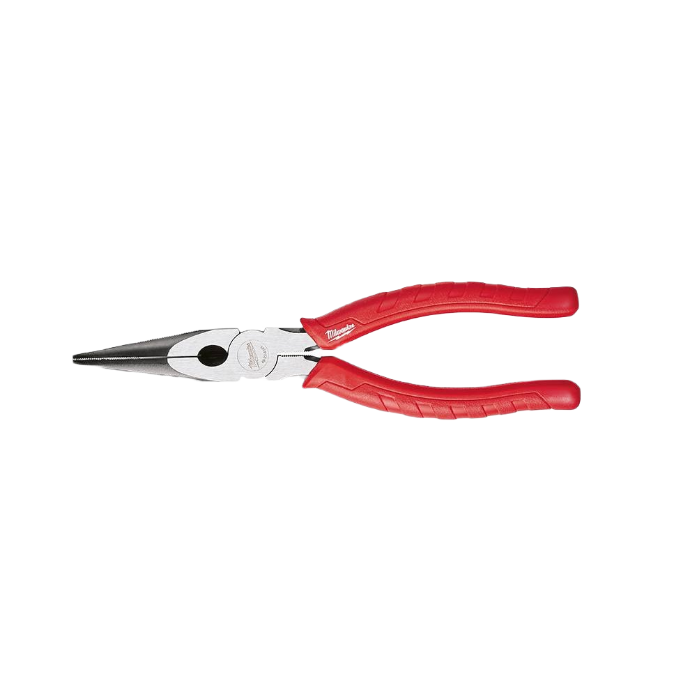 8-inch long nose pliers with red comfort grip handles for precision tasks in home improvement and tools use