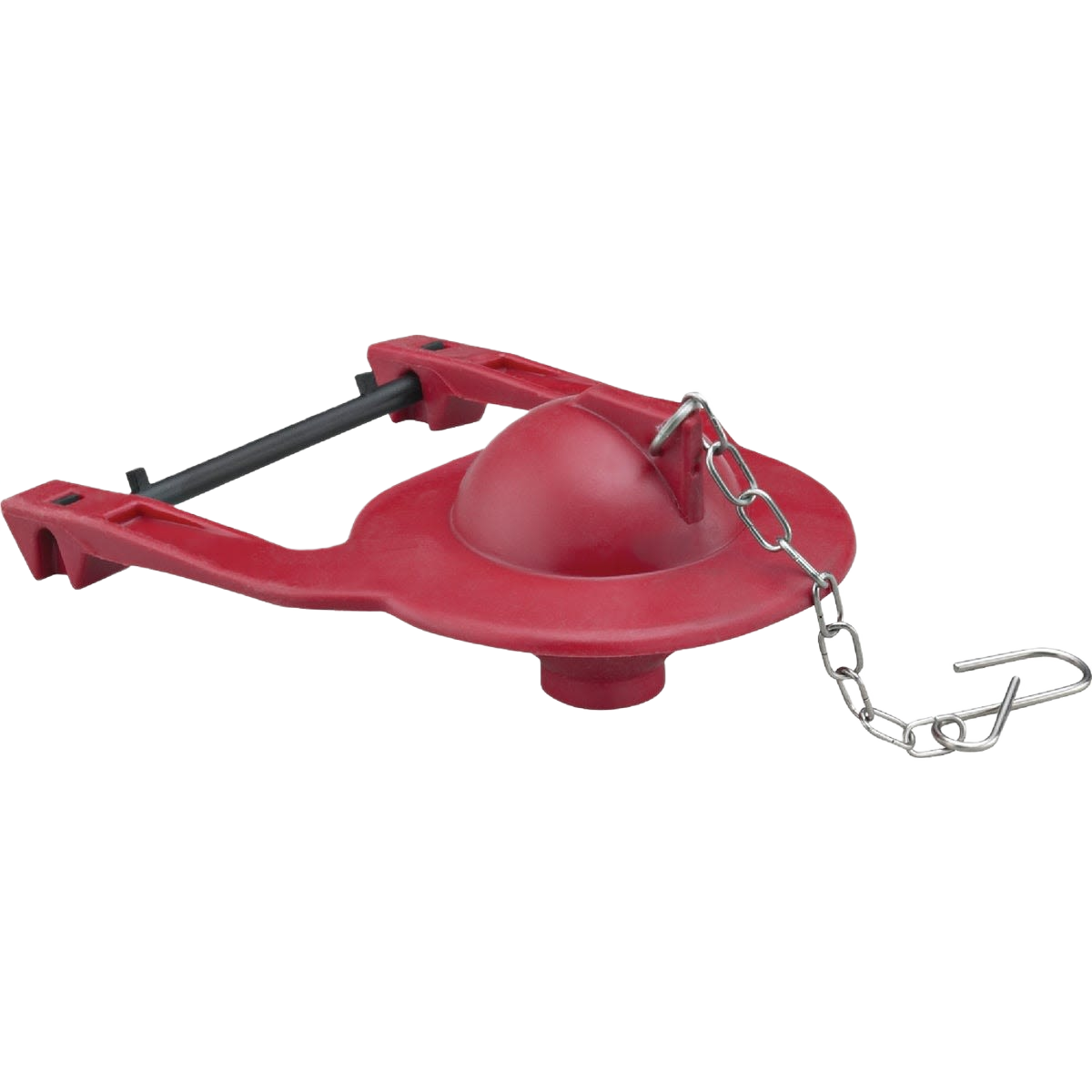 Red rubber flapper hinge with metal chain for Rialto toilets, suitable for plumbing repair and home improvement projects