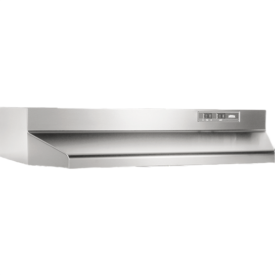 Stainless steel under-cabinet range hood with control switches for kitchen ventilation in home improvement collections