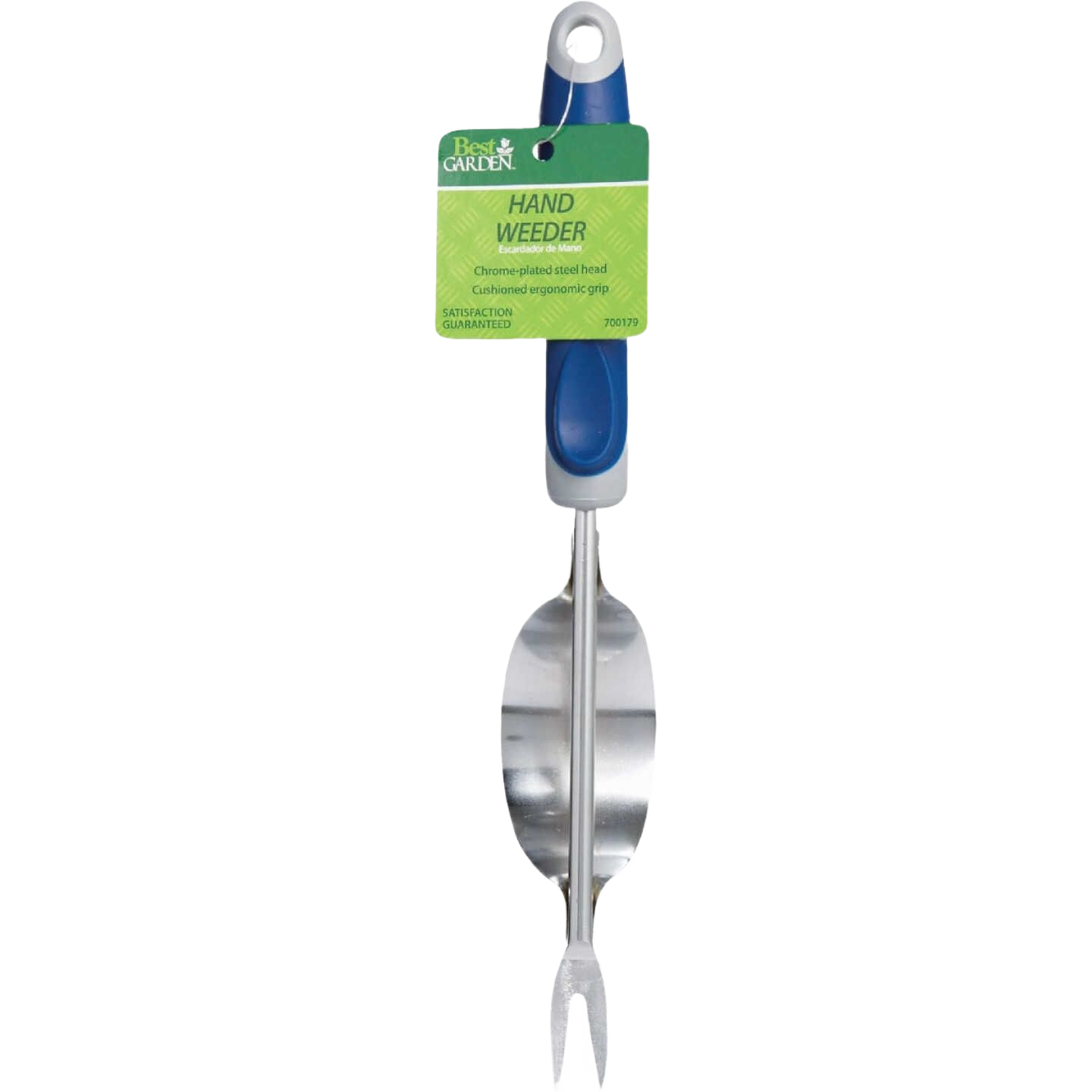 Hand tool with chrome-plated steel head and blue ergonomic grip for weed removal in garden tools and outdoor hand tools collections