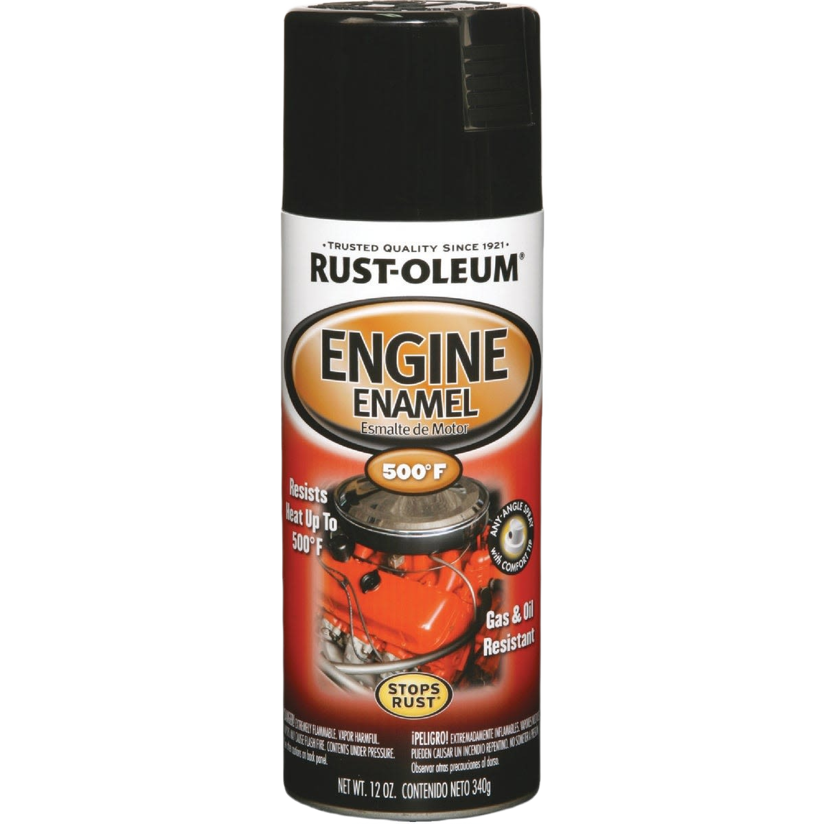 Black engine enamel spray can designed for heat-resistant coating and rust protection in home improvement projects