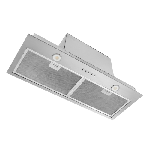 Stainless steel built-in range hood insert with dual ventilation filters and push-button controls for kitchen appliances collections