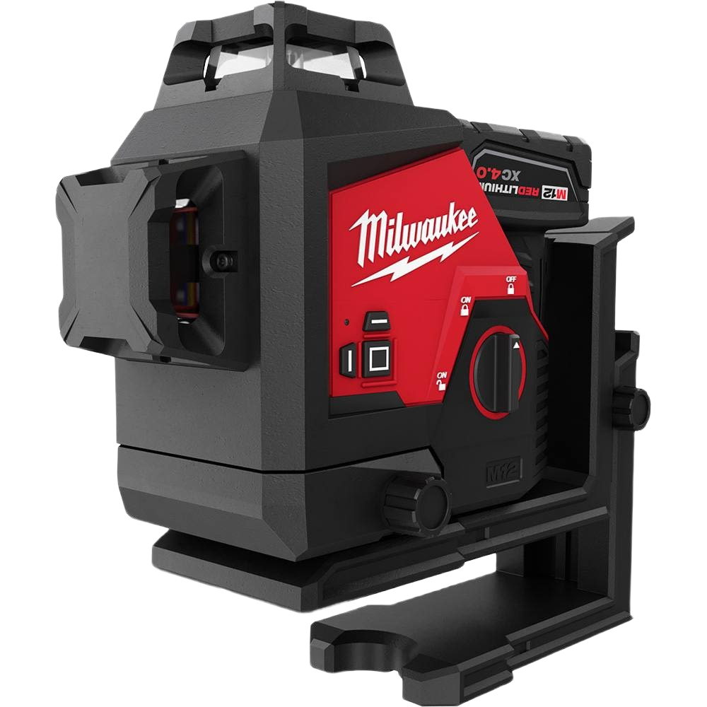 Compact Milwaukee green laser 3-plane tool with M12 battery for precise measuring in woodworking and home improvement tasks