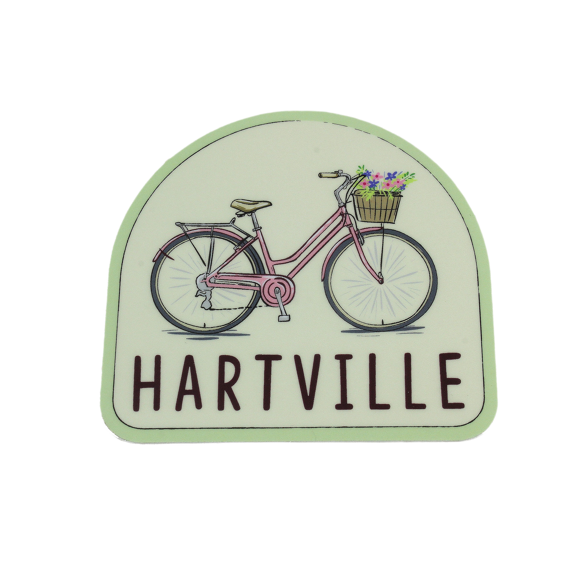 Sticker featuring a pink vintage bicycle with a basket of flowers above the text Hartville for home and tool decoration