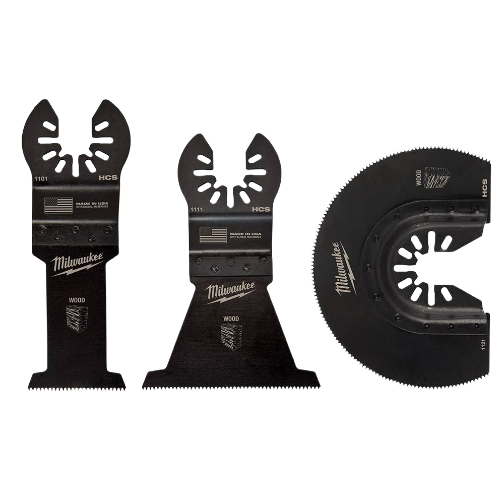 Set of three Milwaukee multi-tool oscillating wood cutting blades in black for woodworking and tool accessories use