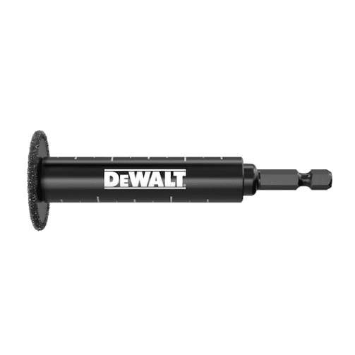 Black DEWALT branded impact tool attachment with cutting disc for PVC pipe cutting in tools and home improvement use