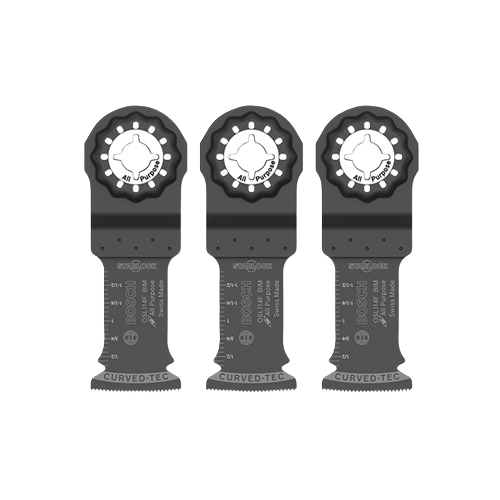 Set of three plunge saw blades with curved teeth and Bosch Starlock mount for woodworking tool accessories