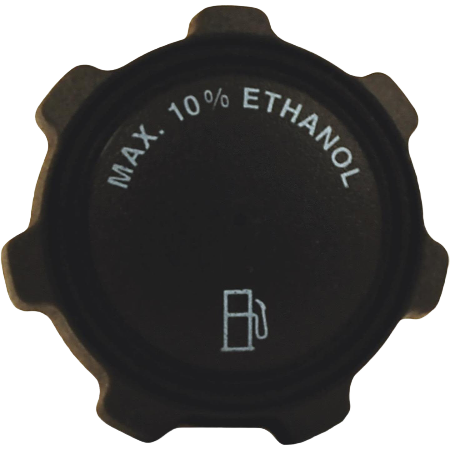 Black vented gas cap with white ethanol warning text and fuel icon for parts and home improvement collections