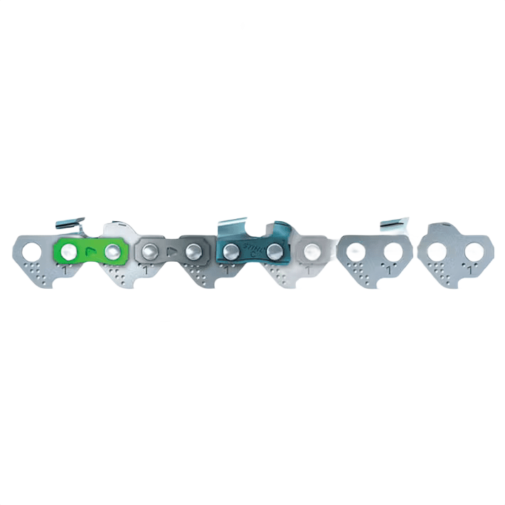 Close-up of a narrow gauge saw chain segment with green and blue links for small to mid-sized chainsaws under $50