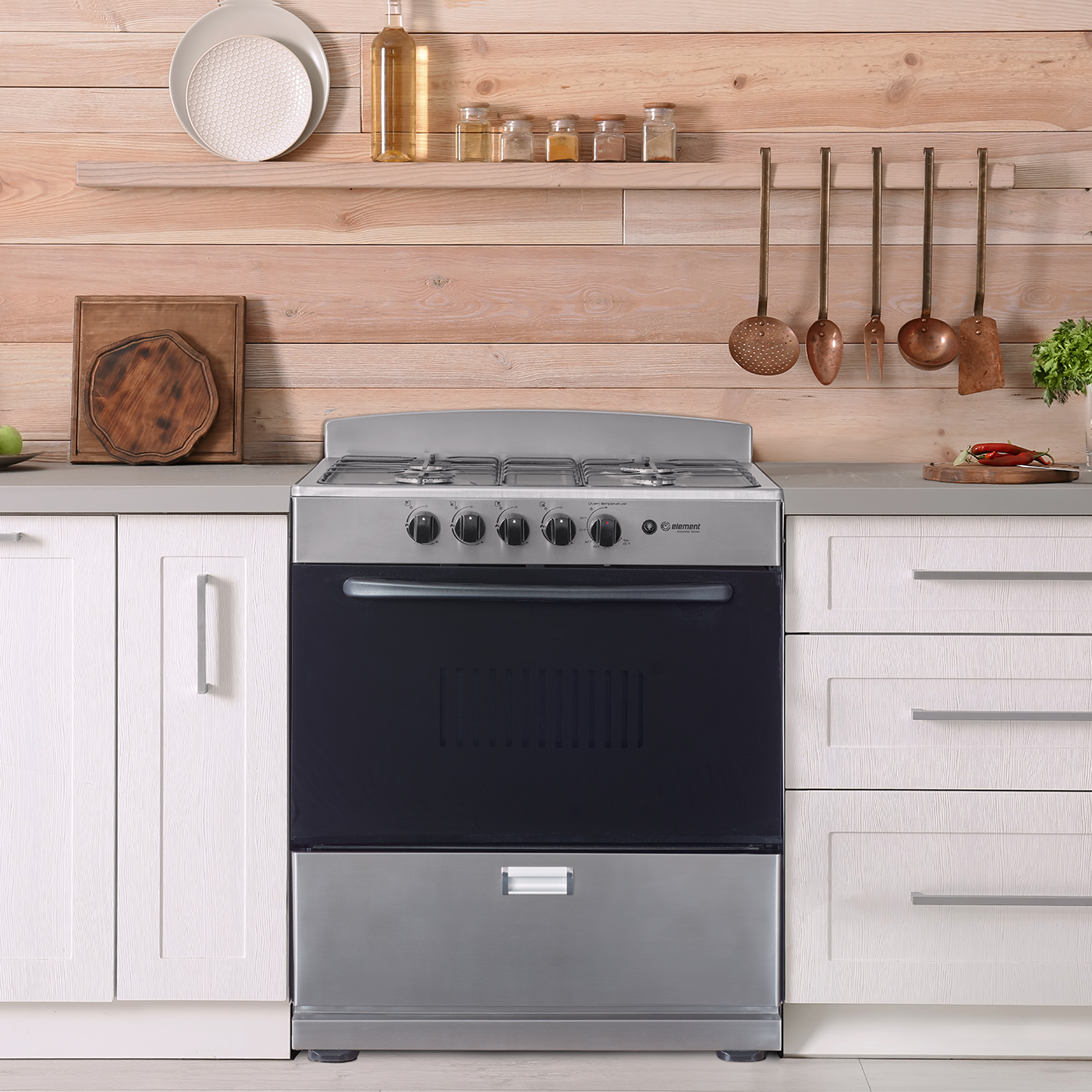 Stainless steel and black 30-inch gas range with four burners, front control knobs, and lower storage drawer in a modern kitchen setting with wooden wall and white cabinetry, suitable for Ranges, Gas Ranges, Kitchen & Kitchenware, All Products, Appliances, and Ranges & Cooktops collections.