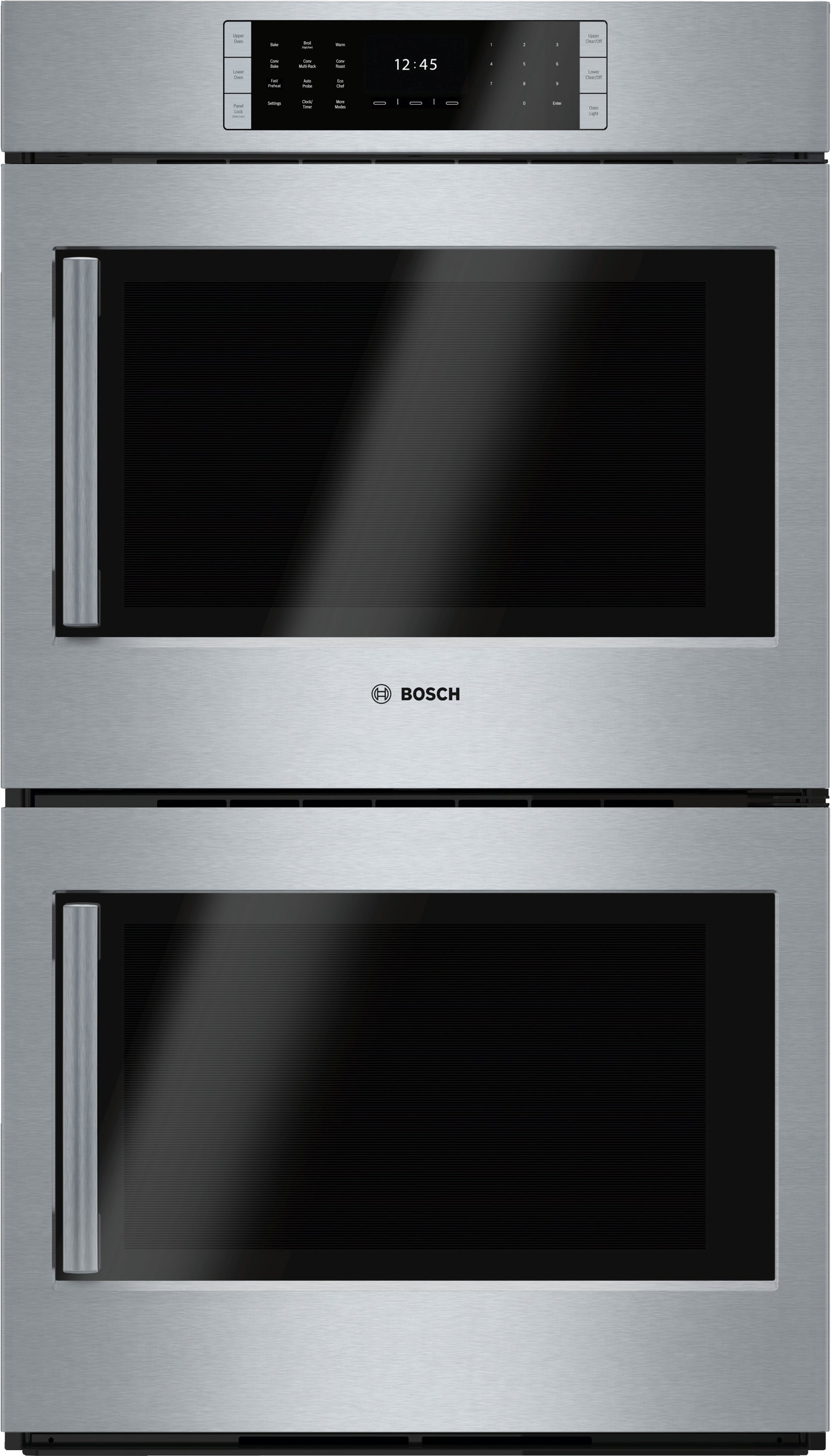 Stainless steel double wall oven with digital touch controls and SteelTouch™ buttons in Bosch kitchen appliances collection