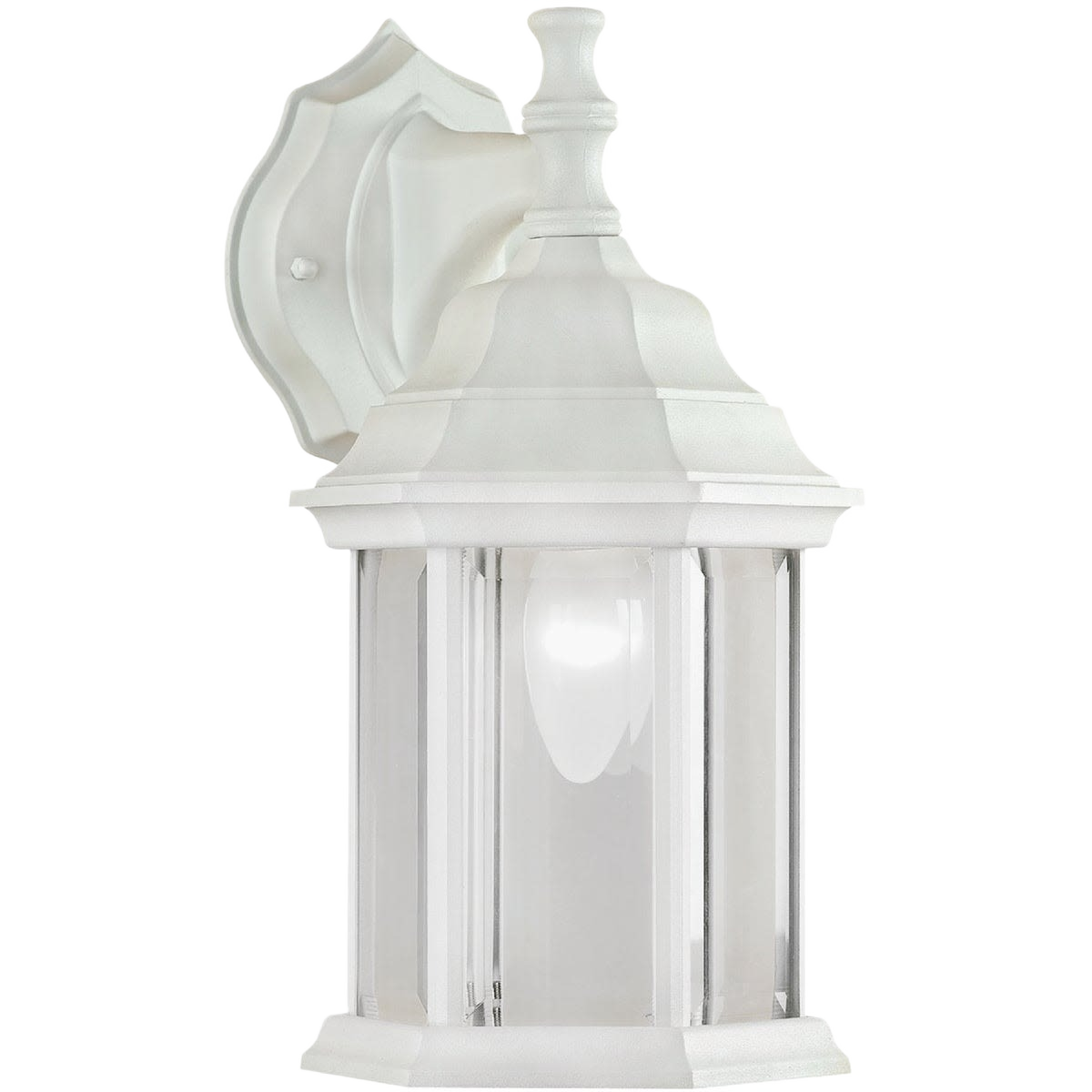 White outdoor wall light fixture with incandescent bulb and aluminum diecast construction for exterior lighting
