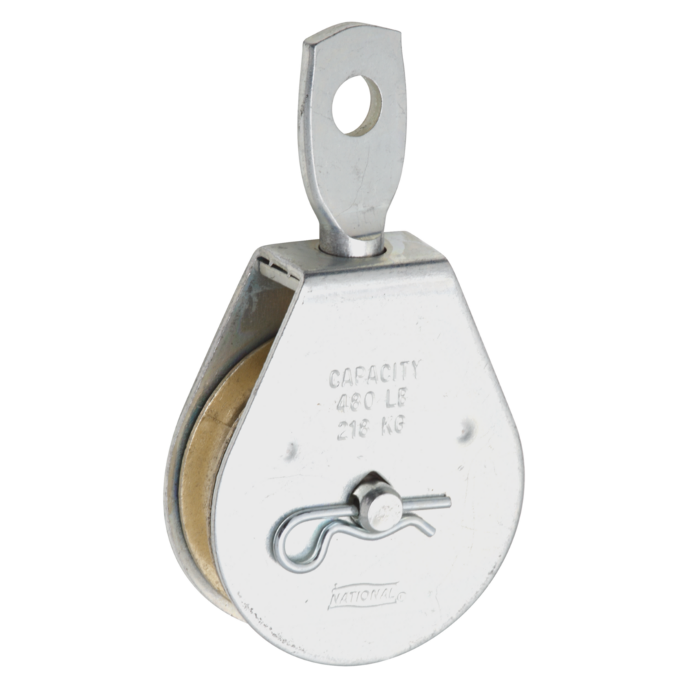 Steel swivel eye rope pulley with removable axle and 480 lb weight capacity for home improvement and fastener projects