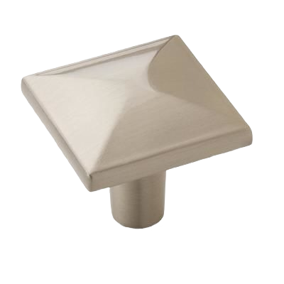 Satin nickel square cabinet knob with geometric design for furniture hardware and home improvement projects