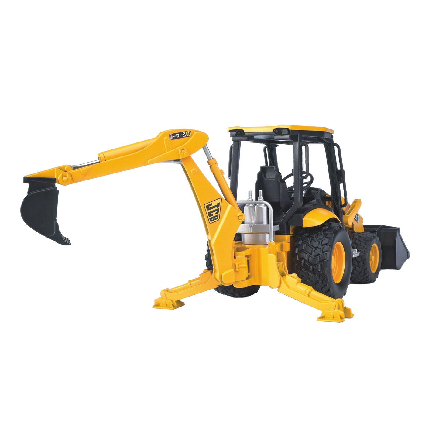 Yellow and black 1:16 scale backhoe loader toy with digging arm and stabilizers from Bruder Toys collection in Vehicles & Remote Controlled Toys