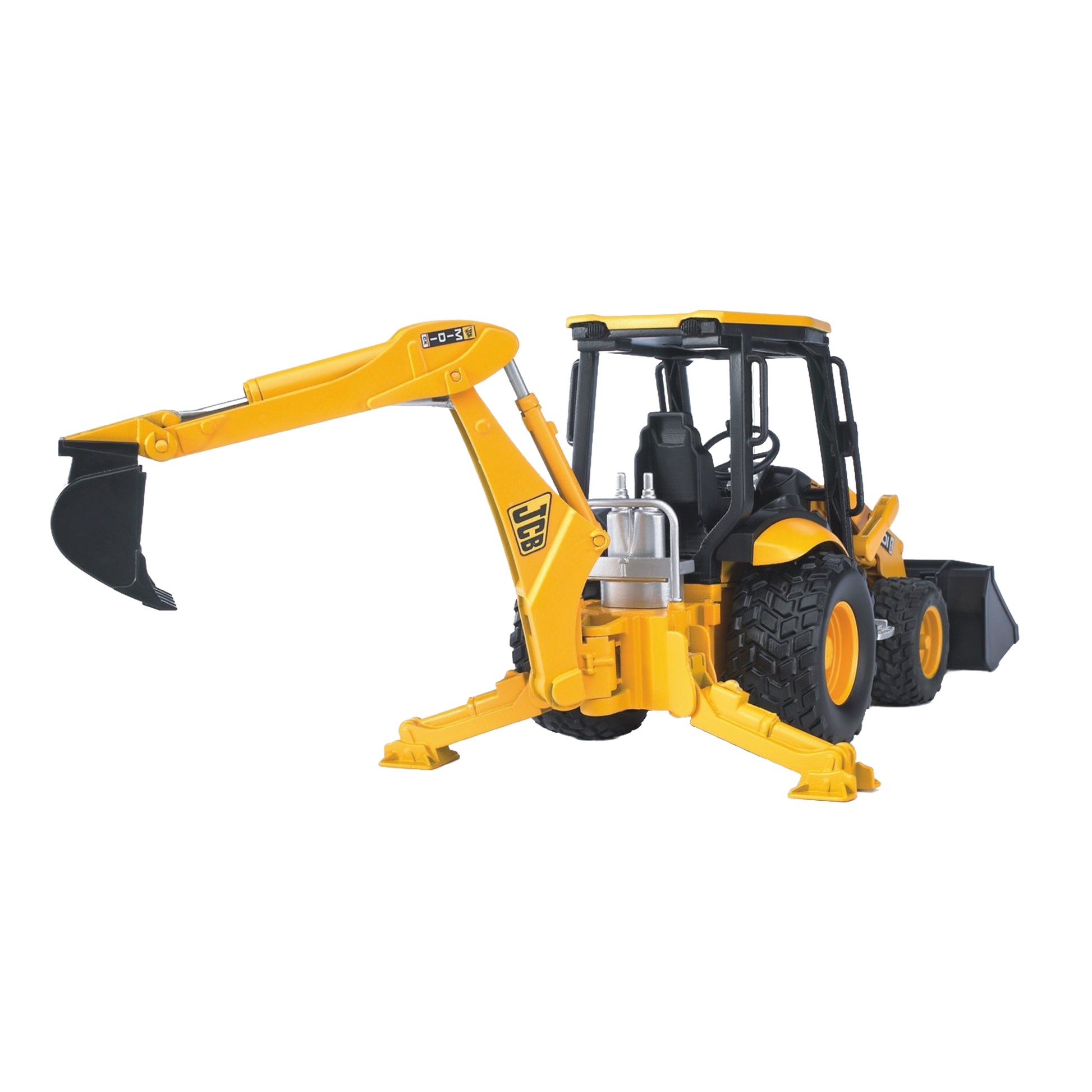 Yellow and black 1:16 scale backhoe loader toy with digging arm and stabilizers from Bruder Toys collection in Vehicles & Remote Controlled Toys