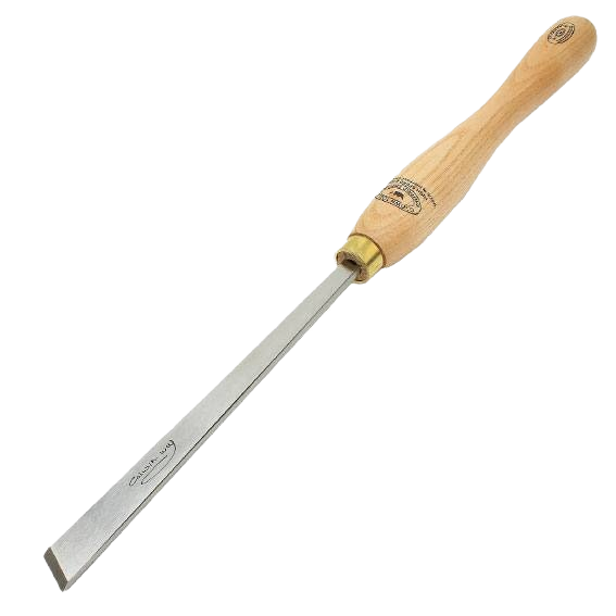 Woodworking chisel with 3/4 inch skewed steel blade and wooden handle for home improvement projects