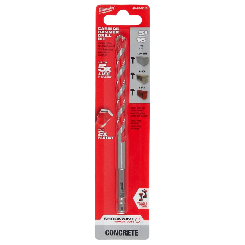 Red and silver carbide-tipped drill bit for concrete with impact duty design in Milwaukee tool accessories and drill bits collection