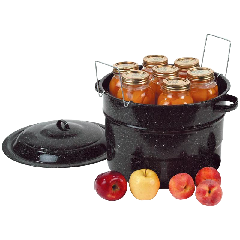 Black speckled 21 qt. preserving canner with lid, filled with sealed jars, surrounded by fresh apples in kitchenware collection