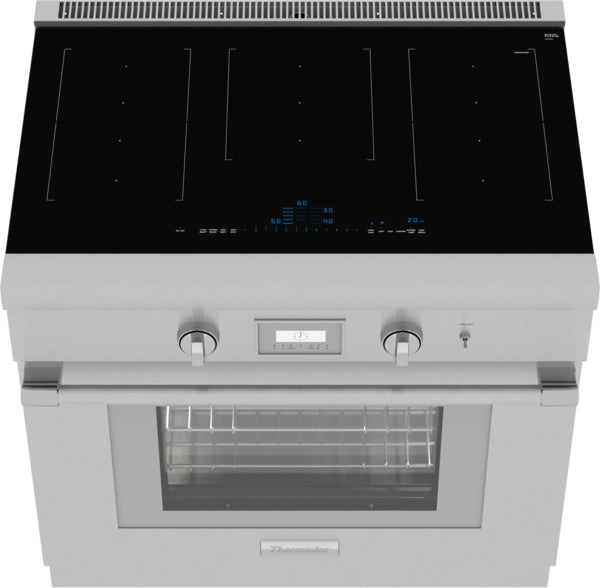 Stainless steel induction range with digital control panel, two knobs, and telescopic oven rack in kitchen appliances collection