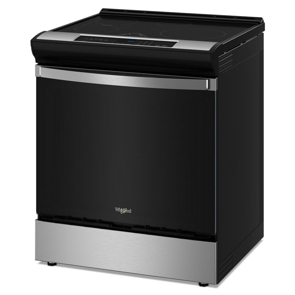Black and stainless steel 30-inch induction range with smooth cooktop and digital controls from kitchen appliance collection