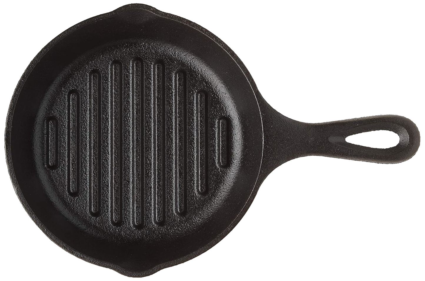 Small black cast iron grill pan with ribbed cooking surface and loop handle for kitchenware use