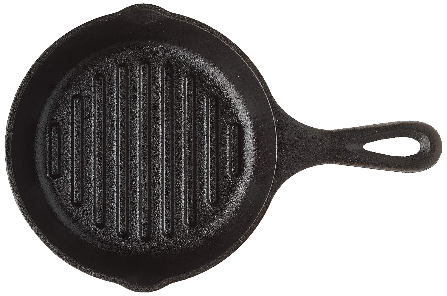 Small black cast iron grill pan with ribbed cooking surface and loop handle for kitchenware use