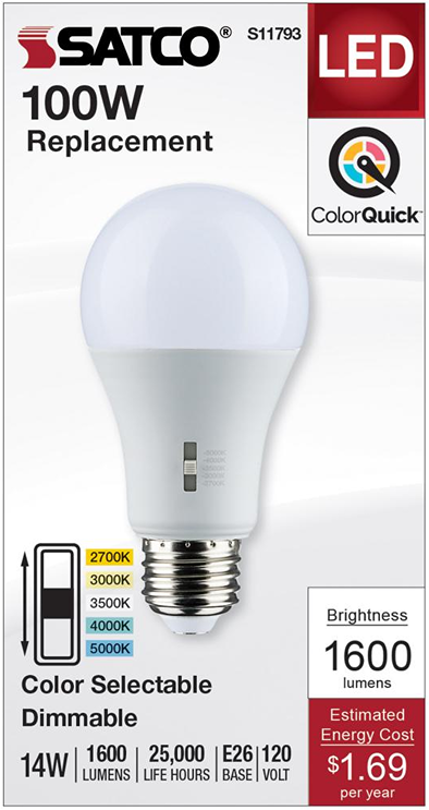 Energy-saving LED bulb with medium base, adjustable color temperature, 1600 lumens, suitable for lighting and electrical use.