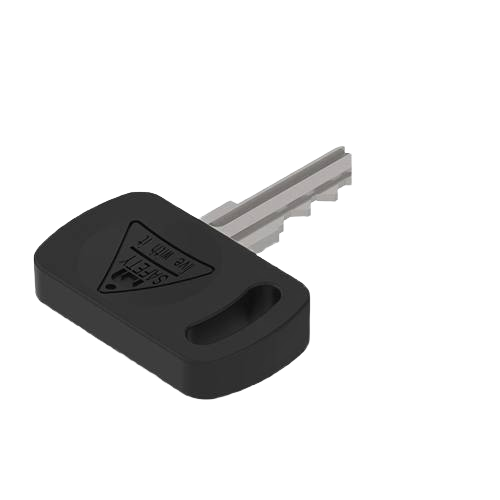 Ignition key with black plastic head and grooved metal blade for automotive and machinery accessories collections