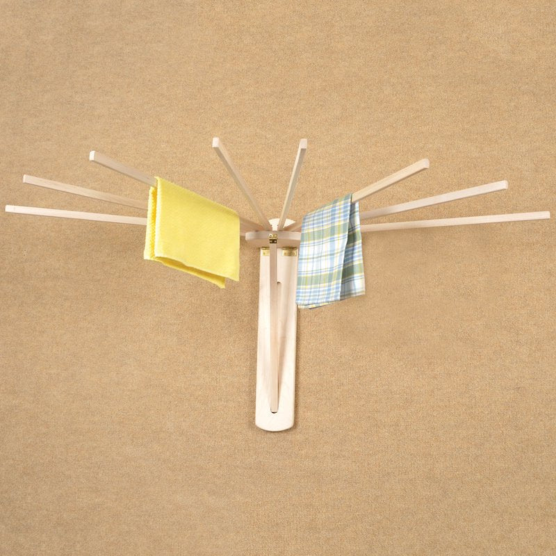 Wooden wall-mounted drying rack with eight arms and two cloths, in Cleaning and Laundry Supplies categories