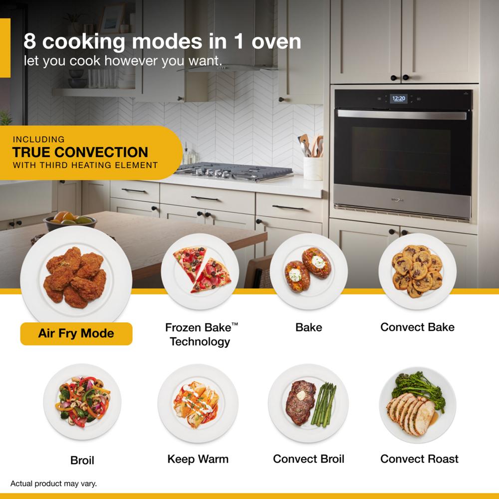 Kitchen scene with a stainless steel smart single wall oven and a graphic showing 8 cooking modes in Appliances collection