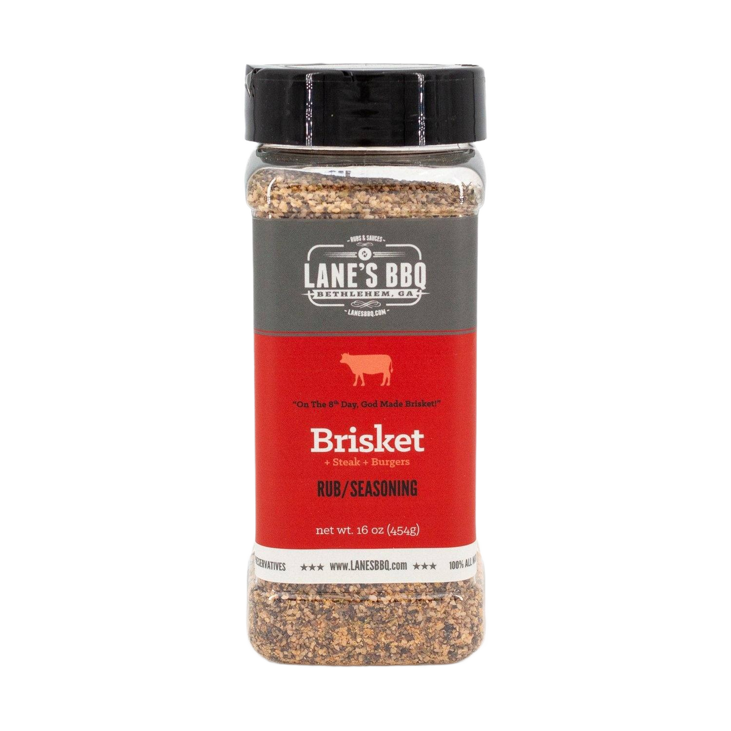 16 oz container of Lane's BBQ brisket rub and seasoning for grilling steaks and burgers in outdoor cooking