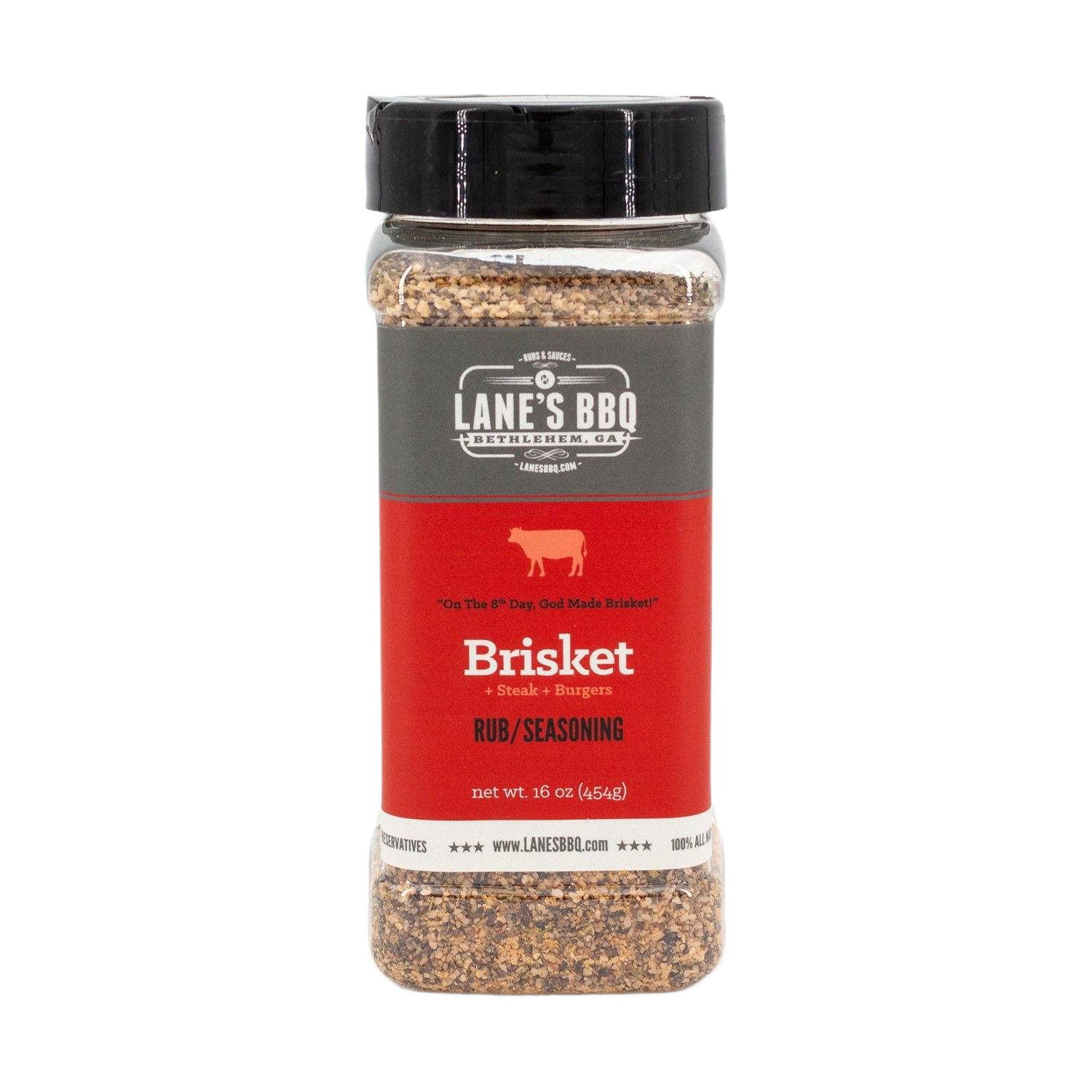 16 oz container of Lane's BBQ brisket rub and seasoning for grilling steaks and burgers in outdoor cooking