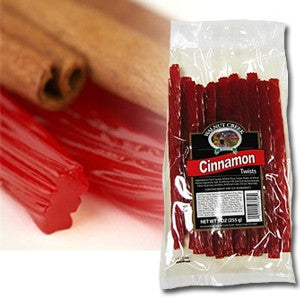 Clear bag of cinnamon twist candy sticks with cinnamon sticks in background in Candy and Food & Beverage collections