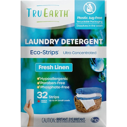 Box of Tru Earth Eco-Strips laundry detergent with fresh linen scent and eco-friendly recyclable packaging