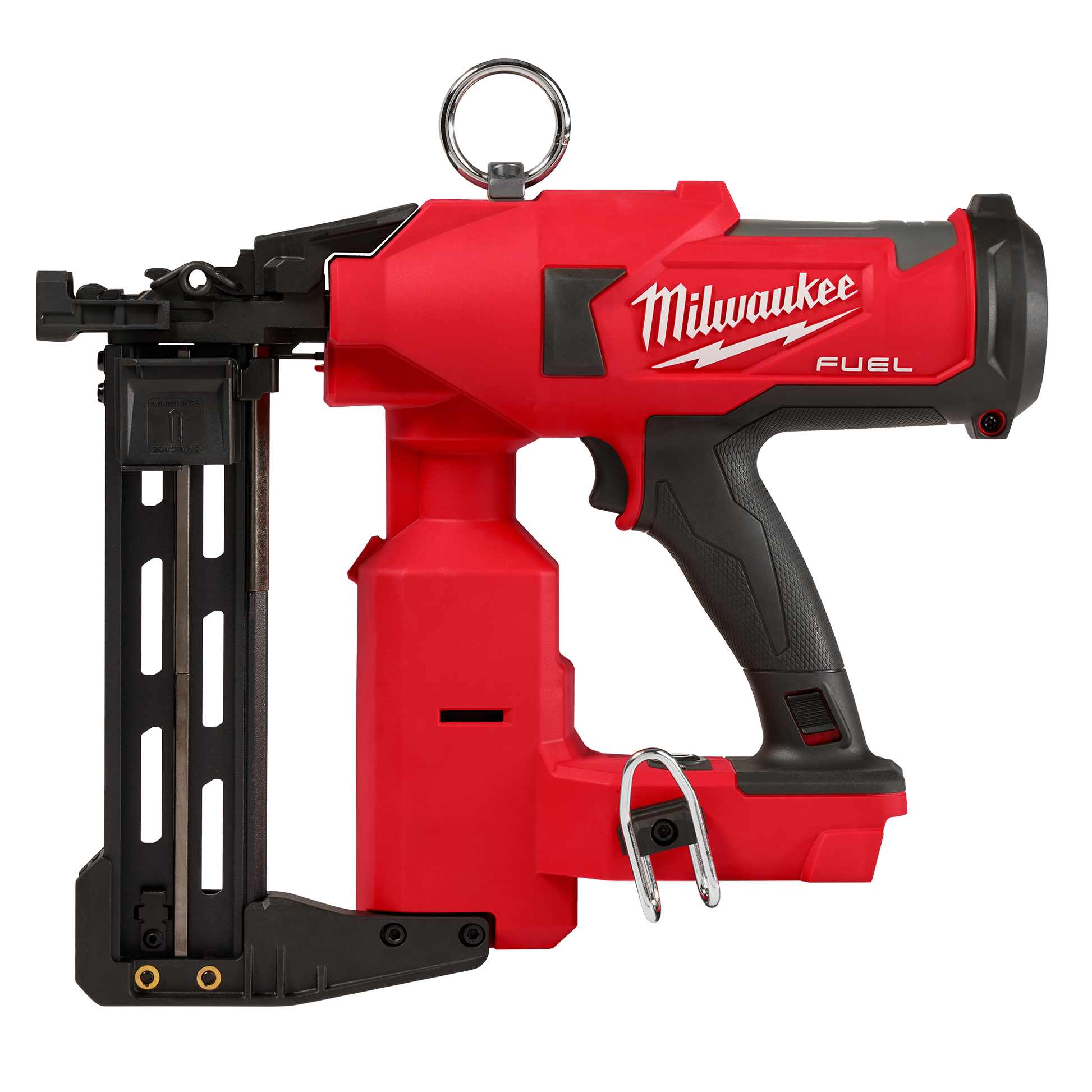 Red and black pneumatic utility stapler with ergonomic grip for fencing and home improvement projects