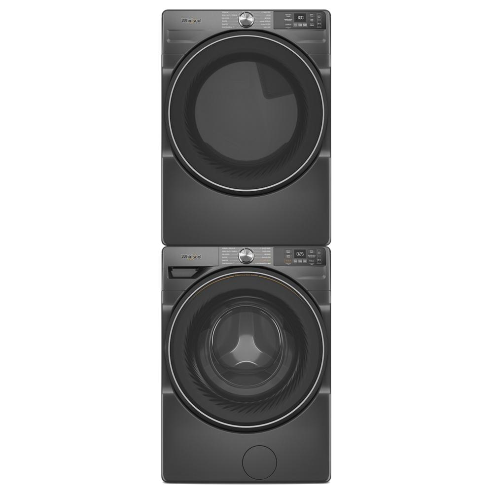 Stacked dark gray front load washer and dryer with digital controls in washers and dryers appliance collection