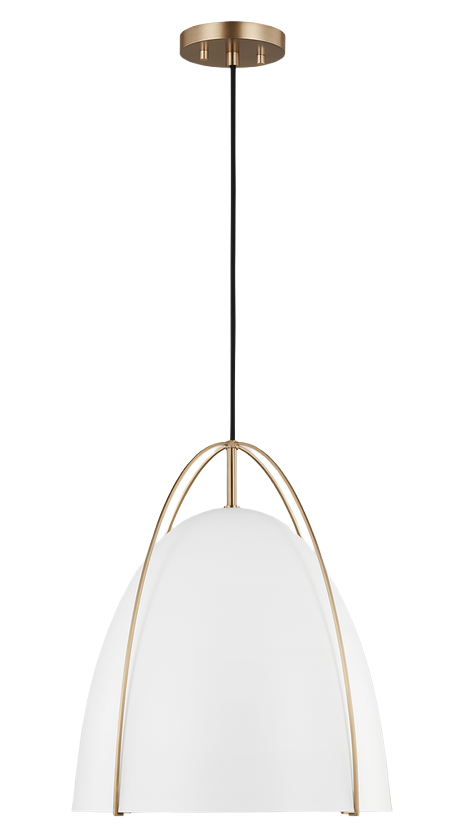 Satin brass pendant light with large white dome shade and arched metal frame from Bathroom and Pendant Lights collections