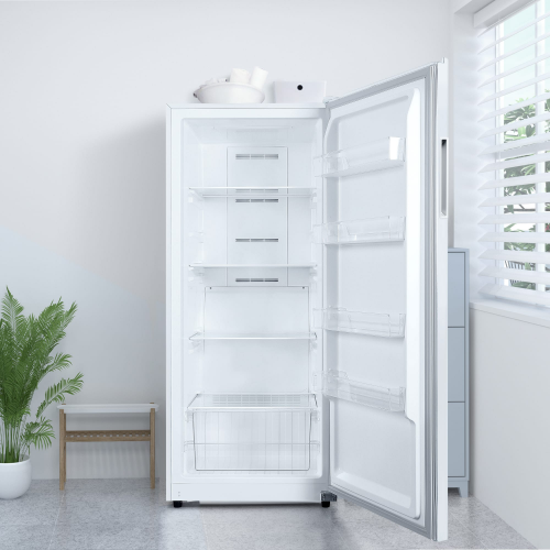 Open white upright convertible freezer with adjustable shelves and clear door bins in kitchen and appliances collection