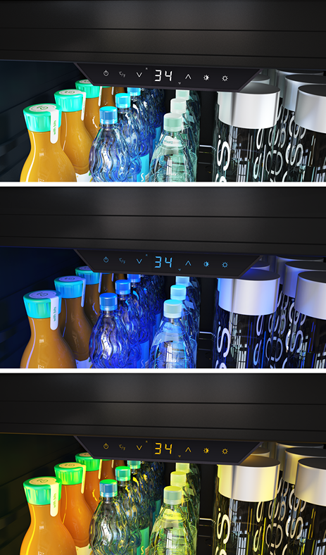 Close-up of beverage cooler interior showing digital temperature display at 34 degrees with bottles under different lighting modes